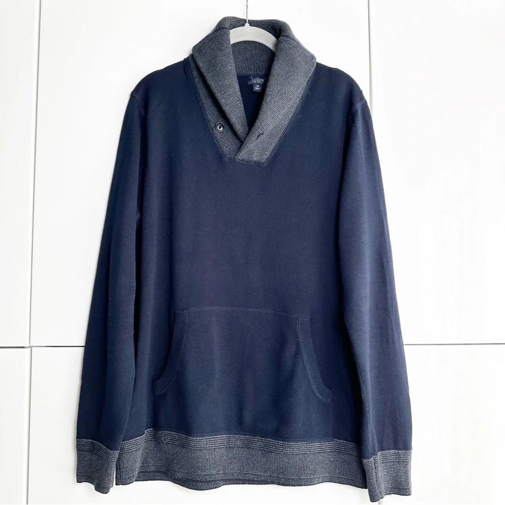 J. Crew Mens Shawl Collar Sweater Navy Gray Trim Medium Cotton Old Money Preppy